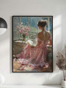 1 件帆布墙面艺术海报家居装饰礼品，捕捉身着飘逸玫瑰色连衣裙的女子之美，在盛开的鲜花环绕的阳光窗边阅读，可直接悬挂，可选带框 - 彩色 - 查看 9