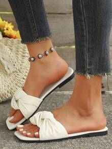 Women's Simple Solid Color Flat Sandals With Pleated One-Strap, Pearl And Flower Transparent Strap Elements, Versatile For Spring And Summer - White 4 - View 3