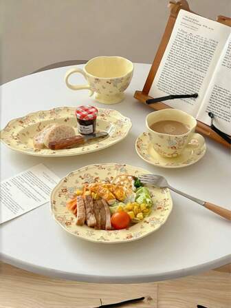 1pc Cream Retro Floral Ceramic Mug, Cute & Elegant Coffee Cup & Saucer, Ceramic Plate