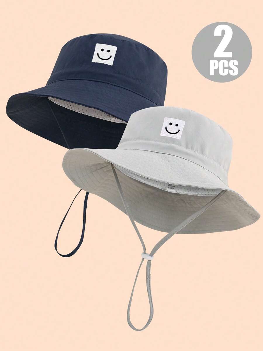 2pcs Kids' Solid Color Embroidered Smiling Face Chin Strap Summer Beach Sun Protection Bucket Hats - 灰色+藏青(笑臉) - 查看 1