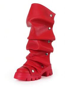 Women's Black Mid Calf Boots Slouchy Fold Over Boots Stacked Heel Pleated Ruched Pull On  Platform Shoes Motorcycle Nightclub Cosplay Shoes - 紅色 - 查看 3