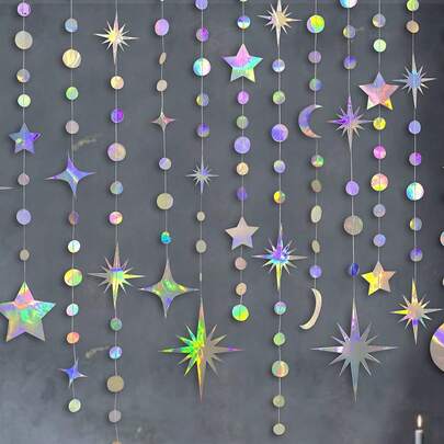 彩虹星月圆点花环派对装饰套件悬挂新月和闪烁小星飘带彩旗横幅适用于生日斋月开斋节穆巴拉克派对婚礼装饰