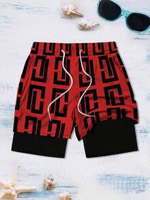 Pantalones cortos casuales deportivos/de playa de doble capa con estampado, estilo hawaiano para hombre - Multicolor - Ver 2