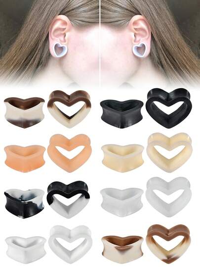 8 Pairs Heart Shape Silicone Tunnels Piercing Mix Colors Flexible Double Flared Ear Gauges Ear Plugs Ear Taper Piercing