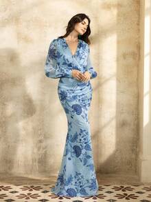 优雅的花卉印花及地晚礼服，美人鱼轮廓，精致的花卉图案，适合红毯活动、豪华婚礼、伴娘礼服、正式晚会 - 藍色 - 查看 6