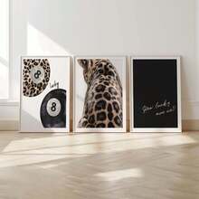 3pcs Leopard Cheetah Wall Art Picture 8 Ball Lucky Canvas Paintings Black And White Poster Preppy Luxury Decor For Bedroom, Living Room, Or Dorm Wall Decor Canvas Painting Wall Art For Living Home Decor Holiday & Birthday Gift, Office Decoration Arranged Artwork Optional Frame ,Wall Art With Frame - 3pcs/set - View 1