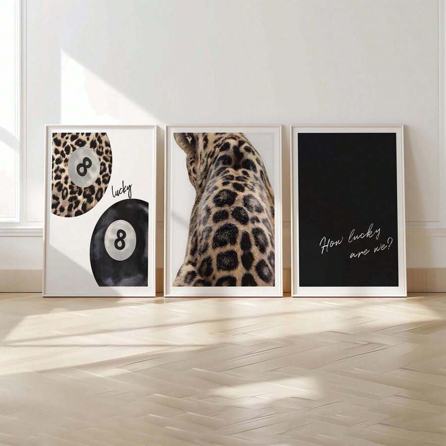 3pcs Leopard Cheetah Wall Art Picture 8 Ball Lucky Canvas Paintings Black And White Poster Preppy Luxury Decor For Bedroom, Living Room, Or Dorm Wall Decor Canvas Painting Wall Art For Living Home Decor Holiday & Birthday Gift, Office Decoration Arranged Artwork Optional Frame ,Wall Art With Frame - 3pcs/set - View 1