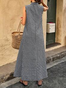 Women Plaid Collar Sleeveless Dress