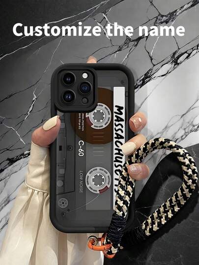 1pc Customized Name Phone Case, DIY Personalized Phone Cover, Cassette Tape Design With Lanyard, Full Body Protection, Shock Absorbing, Best Gift For Friends, Family, Couples, Compatible With IPhone Apple 11/12/13/14/15 Pro Max, A15/A25/A35/A55/S23/S24 Ultra, Redmi, OPPO