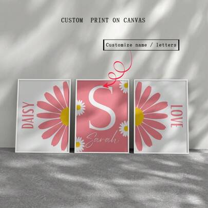 3 Stücke/Set personalisierte Namenskunstplakate - Individualisierte rosa Gänseblümchen Kinderzimmer Dekoration Set für Mädchen | Individuelle Blumen Wandkunst für Wohnzimmer, Schlafzimmer, Küchendekoration - einzigartige Geschenkidee, ungerahmte Innenkunstdrucke, Geschenkidee Geburtstag Abschluss