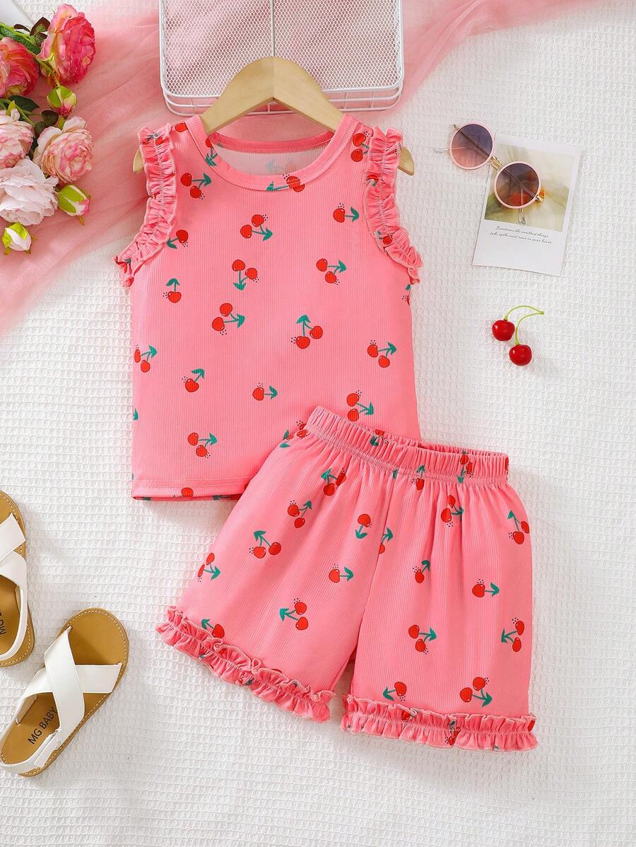 2pcs Summer Sleeveless Set Young Girl Cute Fruit Pattern Tank And Outdoor Summer Outfit