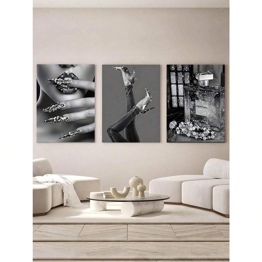 3 件现代女性奢华闪亮黑白海报帆布画艺术现代家居客厅卧室浴室装饰墙面装饰艺术礼物可选画框 - A - 查看 1