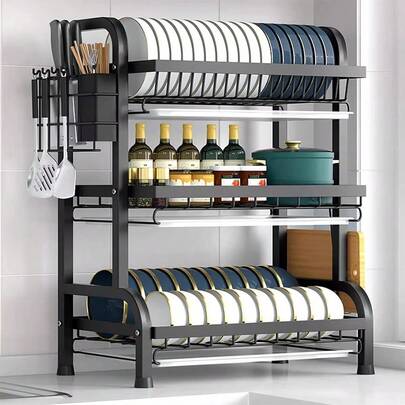 Escurridor de platos, escurridor de platos, escurridor de fregadero de 3 capas con bandeja de drenaje, soporte para palillos, soporte para cuchillos