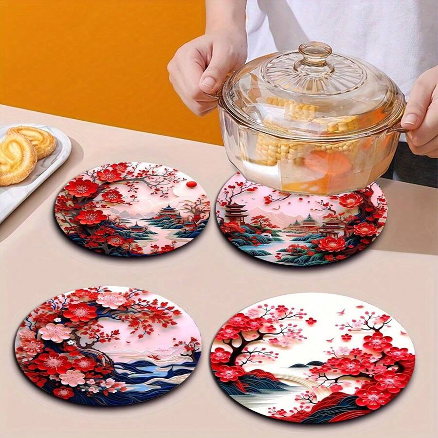 4pcs/Set Plum Blossom Landscape Placemats With Wooden Coasters, Floral Theme For Home & Dining Table Decor, Heat-Resistant & Anti-Scald, Tabletop Protection