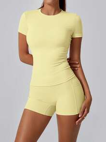 NcmRyu Women's Sweet Sports Short Sleeve High Waist Tummy Control Butt Lifting Shorts Set