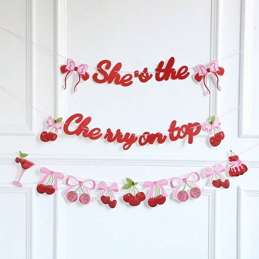 Set de 12 piezas decoración de fiesta de cumpleaños de cereza, incluyendo pancarta de cumpleaños, decoración colgante en espiral de cereza, adecuado para suministros de fiesta con tema de cereza - Rosa - Ver 1