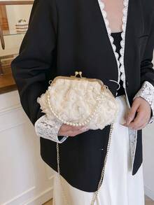 2025春夏白色仿珍珠装饰网状花朵夹扣手提包，高端奢华新娘婚纱晚宴包，适用于婚礼、招待会、婚宴等场合，仿珍珠包 - 米色 - 查看 8