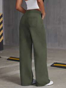 1 件青少年女孩简单宽松休闲户外训练口袋直筒裤，春夏秋季 - 軍綠色 - 查看 3