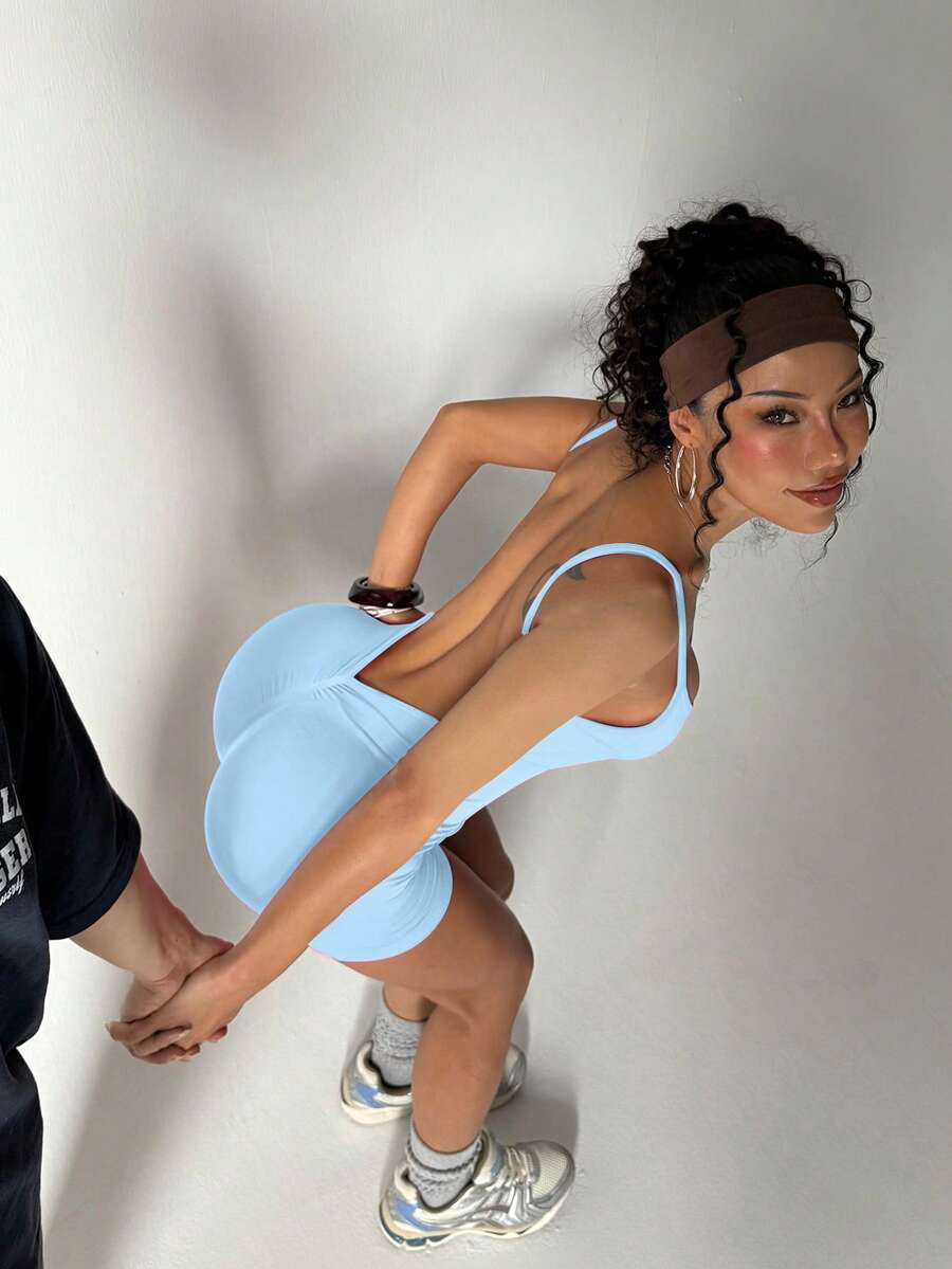 Seamless Sexy Backless Jumpsuit Women - Basic Slim Fit Stretchy Romper With 4-Way Stretch Fabric, Versatile Yoga Gym Workout To Daily Casual Clubwear, Fashion Jumpsuit Shapewear Bodysuit - Baby Blue - View 1