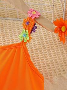 畅销女童连衣裙 2025 新款夏季甜美风格花卉刺绣装饰黄色无袖吊带裙 - 亮橙色 - 查看 5