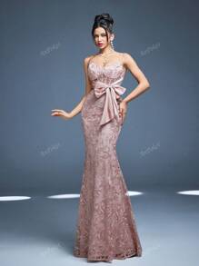 Vestido Longo Sereia Anpoket com Decote em V, Novo Lançamento, Doce Vestido para Dama de Honra, Franzido, Laço, Renda Contrastante, Corpete Justo