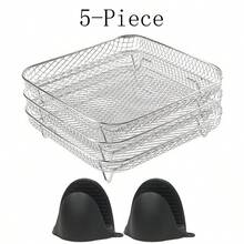 5 peças/Conjunto Acessórios para Fritadeira a Ar em Aço Inoxidável - Encaixáveis, Inclui 2 Luvas Resistentes ao Calor, Adequado para Forno e Fritadeira, à Prova de Lava-Louças, Escolha Perfeita para Cozimento Saudável em Feriados