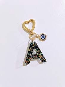 1pc Laser Black Shiny Resin A-Z Initial Keychain, With Devil Eye And Heart Keyring Bag Charm Pendant, Party Favor, Suitable For Holiday Gifts To Friends