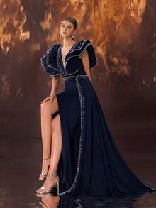 YISIKADO Women's Formal Evening Dress, Glamorous Sexy Rhinestone Decor, Deep V-Neck High Slit Fish Tail - Navy Blue - View 5