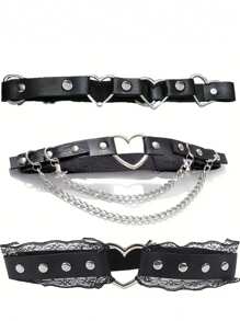 1/3Pcs Night Seduction Adjustable Leg Garter Belt For Women - Soft PU Leather Thigh Chain With Spike & Lace Details, Stretchy Gothic Rave Accessories For Valentine's Day, Music Festivals, K-Pop Stage Style