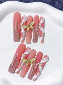 10pcs Luxury Elegant French Extra Long Coffin Handmade Nails, Nude Pink, White Ribbon Pattern, Golden Butterflies, Pearls, Diamonds, White Flowers Decoration; Homemade Nails DIY Press On Nails Nail Art Acrylic False Nails; Suitable For Holiday, Parties, Daily Wear; Includes 1Sheet Jelly Glue & 1pc Mini File - Dusty Pink - View 2