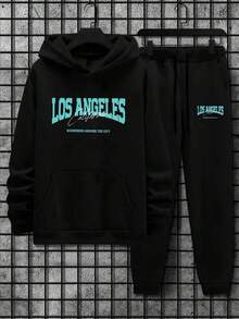 2 piezas Conjunto de ropa deportiva casual para hombre, sudadera con capucha de manga larga y pantalones de chándal, tejido de poliéster, diseño impreso, ajuste holgado, ropa deportiva para la calle para primavera/otoño/invierno - Negro - Ver 2