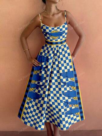 Robe bohème d'été casual pour femmes, style vacances, bretelles, couleurs bleu, abricot, à carreaux, imprimé citron et petit poisson, ample et polyvalente, tenue de brunch pour femmes