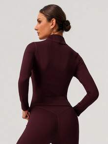 Sodalemon Women Fitness Full Zipper Gym Training Outdoor Elastic Long Sleeve Casual Running Sport Workout Jacket - Burgundy - View 6