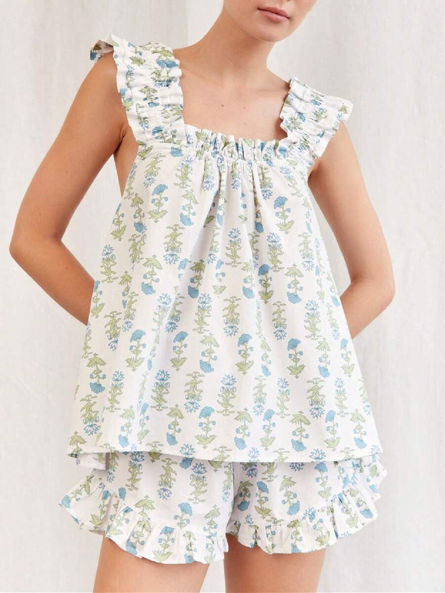 Women's Floral Pajama Set 2 Piece Loungewear Cute Ruffle Trim Cami Tank Top And Shorts Set Matching Pjs Set - 藍色 - 查看 1