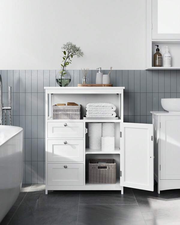 Badezimmerschrank, Badschrank, Beistellschrank, mit 3 Schubladen, Schranktür, verstellbare Ablage, 30 x 60 x 80 cm, weiß