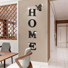 1 Set Of 5pcs 3D Mirror Wall Stickers With Slogan Home Decor Wall Decals, Butterfly Stickers, "HOME" Letters, Self-Adhesive Acrylic Mirror Stickers For Wall/Corridor/Bedroom/Entrance/Doorway Decor, Home Party Decorations