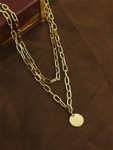 1pc Double Layer Round Pendant Necklace, Everyday Wear - Yellow Gold - View 7