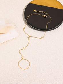 1pc 925 Sterling Silver Lucky Four Leaf Clover Rectangular Cubic Zirconia Linked Bracelet & Chain Ring, Fashionable & Personalized Accessory - Gold - View 4