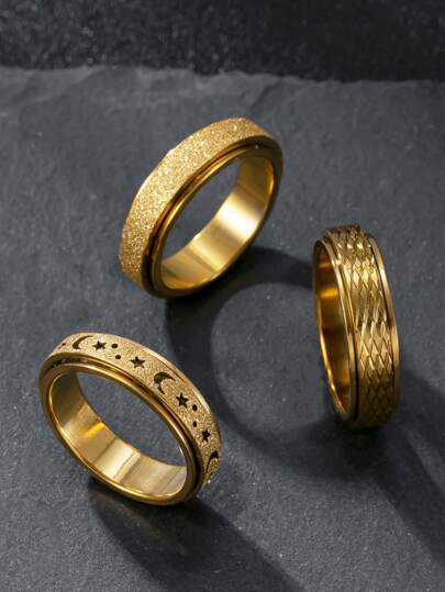 3pcs Anxiety Ring Set For Men And Women Stainless Steel With 18k Gold Plated Star And Moon Ring Vintage Rings Frosted Craftsmanship Suitable For Holiday Gifts Vacation Gifts For Friends