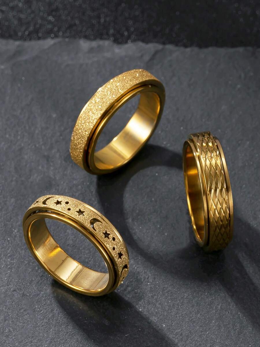 3pcs Anxiety Ring Set For Men And Women Stainless Steel With 18k Gold Plated Star And Moon Ring Vintage Rings Frosted Craftsmanship Suitable For Holiday Gifts Vacation Gifts For Friends - Yellow Gold - View 1