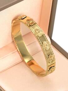 Brazalete estilo pulsera con flor chapado en oro de 18K de acero inoxidable, incrustado con circonita cúbica, impermeable, joyería de muñeca de estilo europeo y americano para mujer, adecuado para uso casual, boda, fiesta, regalo del Día de San Valentín