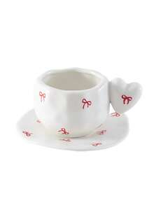 1pc Elegant Heart-Shaped Ceramic Mug & Saucer Set, Unique Handle Design, Cute Pattern Cup, Office Coffee Mug, Afternoon Tea Set, Holiday Gift, Couple Mugs - 彩色 - 查看 13