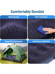 Colchón de aire flocado de lujo para acampar con bomba de aire eléctrica gratuita, impermeable, para interiores y exteriores, inflado rápido, colchón de cama de aire con superficie cómoda Colchón de aire Dual Deluxe de doble elasticidad, material PVC, almohadilla rectangular, sin carga, con sistema de inflado/desinflado rápido, para camping, viajes, cama de emergencia para el hogar, sin bomba incluida - Azul Marino - Ver 3