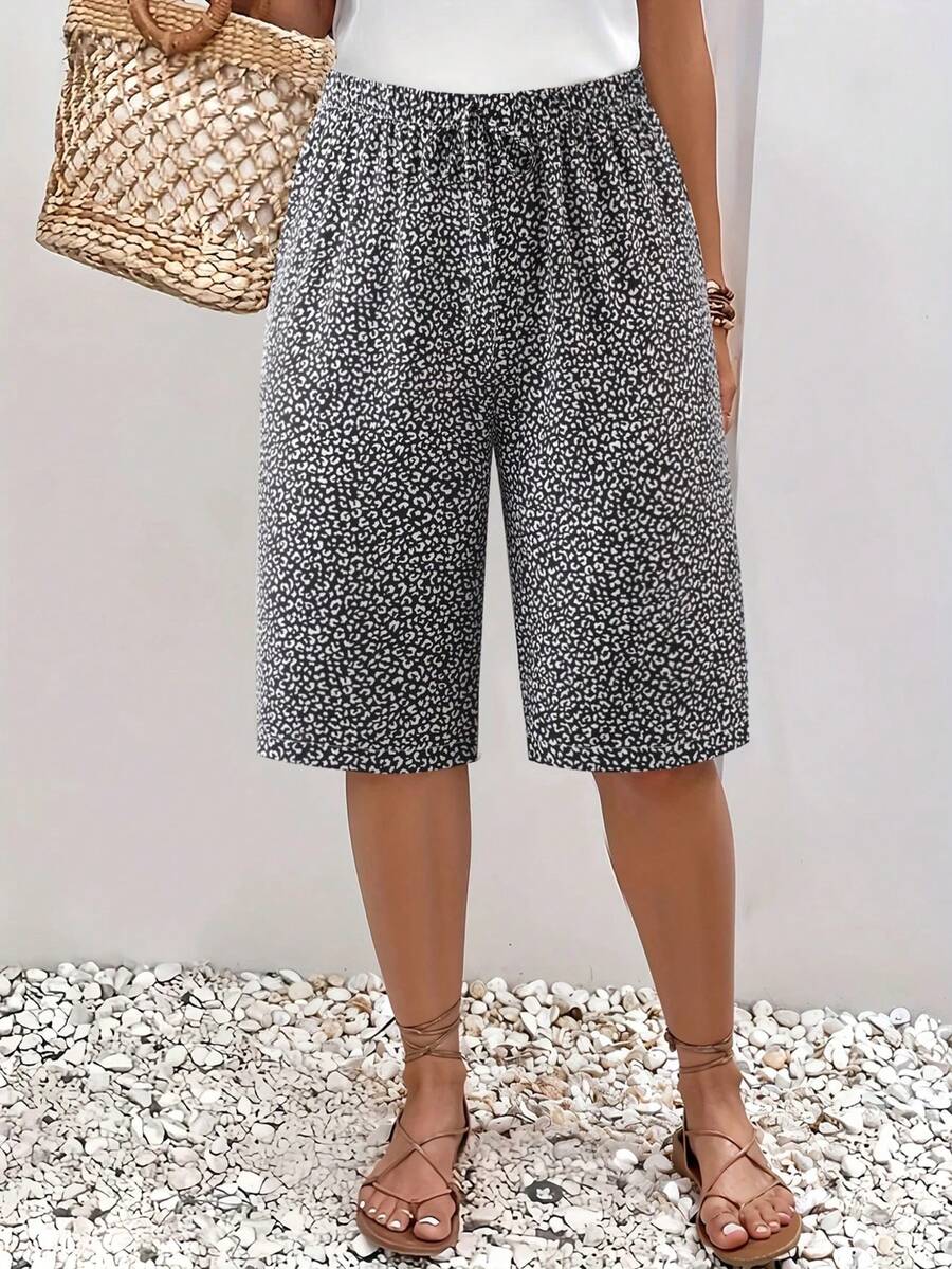 女士休闲宽松抽绳腰裤，梭织面料，适合所有季节 - 黑色 - 查看 1