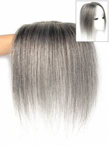 Postizo elegante hecho a mano para mujeres, de cabello humano real natural negro, con sistema de clip, ligero y sin costuras, para cabello ralo, cobertura de canas, estilo liso, para modificar la forma del rostro