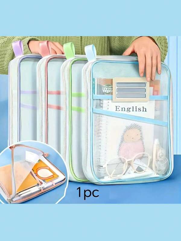 1 pieza Bolsa con cremallera tamaño A4 - Organizador de malla gruesa de 3 capas, transparente de nailon con asas de colores, ideal para estudiantes, ensayos, libros y artículos de oficina, organización de estudios | Bolsa con cremallera de color | Cierre con cremallera, bolsas organizadoras de archivos, vuelta al cole, útiles escolares