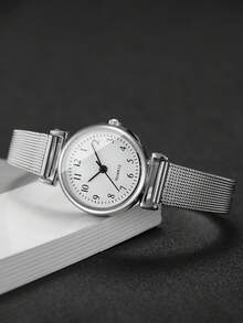 2 pezzi/set Orologio da polso al quarzo con quadrante minimalista classico e cinturino a griglia per donna + braccialetto decorato a forma di cuore (scatola dell'orologio non inclusa) - Argento - Visualizzare 8