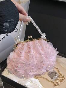 2 件套白色浪漫珍珠网花装饰手拿包，配珍珠手柄，女士高端奢华婚礼礼服派对手提包，2025 年春夏 - 粉色 - 查看 3