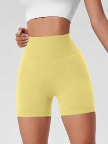 1pc Women Solid Color Yoga Compression Shorts, Outdoor Sports Shorts - Yellow - View 2