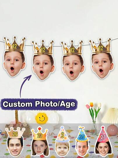 Custom Birthday Hat Face Banner,Personalized Birthday Banner,Customized Birthday Face Photo Banner And Age,Customizable Birthday Party Decoration,Customized Head Portrait On Banner,Decoration,Reusable,Suitable For Festival Celebrations,Anniversaries,Weddings,Men,Women,Friends,Family